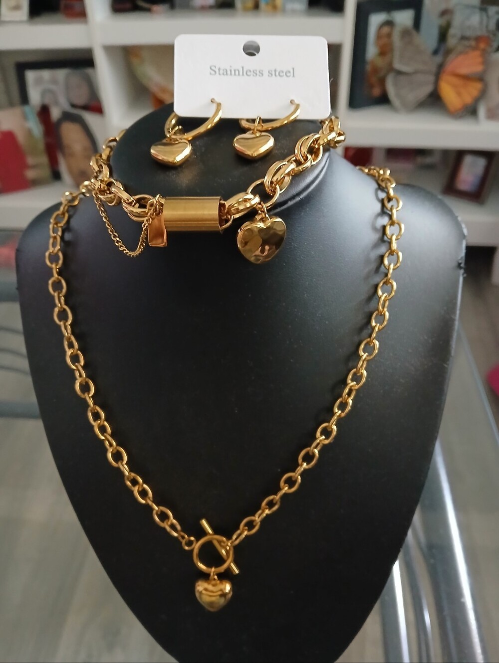 Stainless Steel Gold Heart Pendant Necklace and Bracelet Set - Stainless Steel